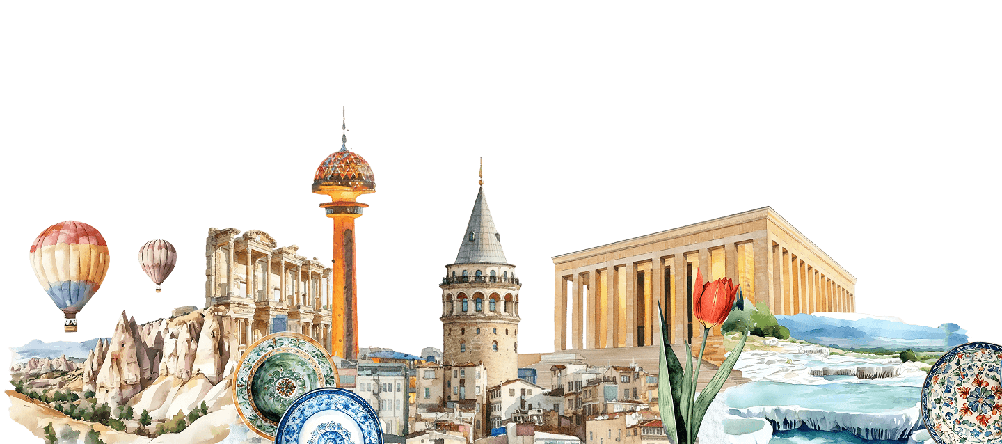 Türkiye silueti - Galata, Ankara kulesi ve sıcak hava balonları
